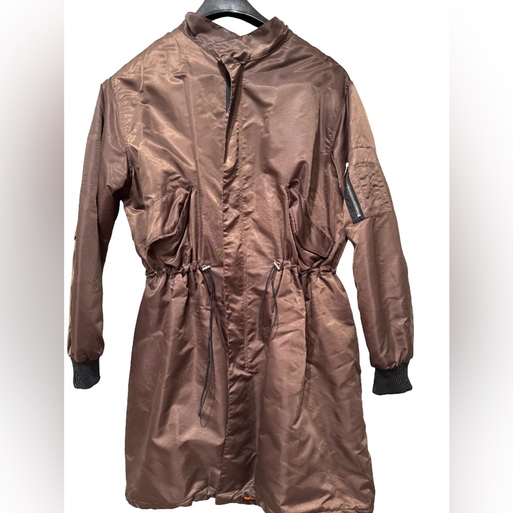 Women’s Brown Bomber Jacket Cinched Waist MA-1 Style Orange Lining Size L - Picture 2 of 6